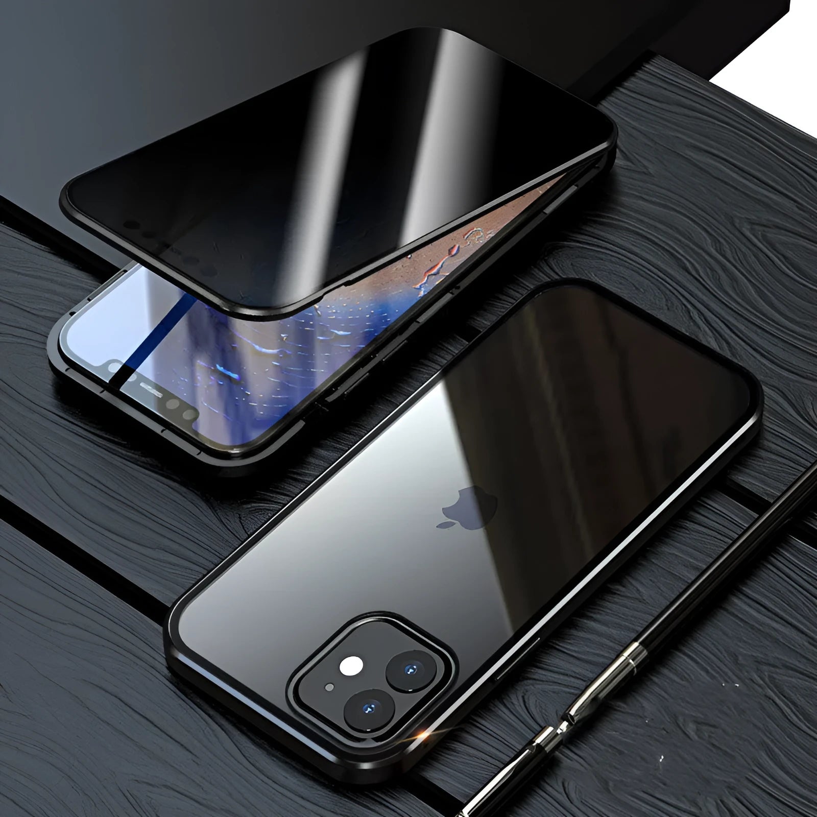 Magnetic privacy glass case for iPhone with anti-peep screen in black, blue, gold, red, silver colours