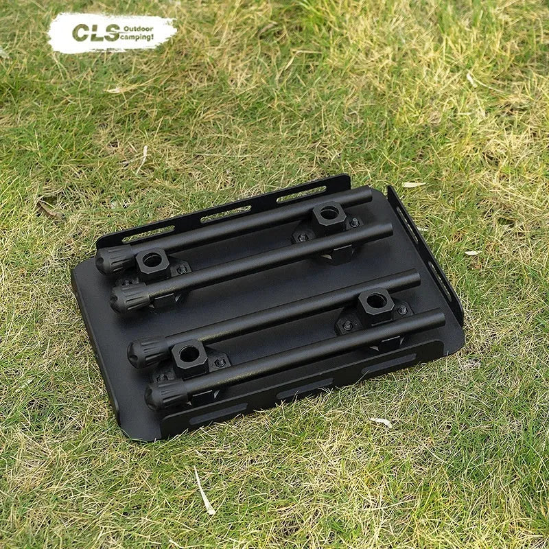 CLS Outdoor aluminium folding camping stool shown in table and stool modes with creamy-white PU cushion and storage bag.