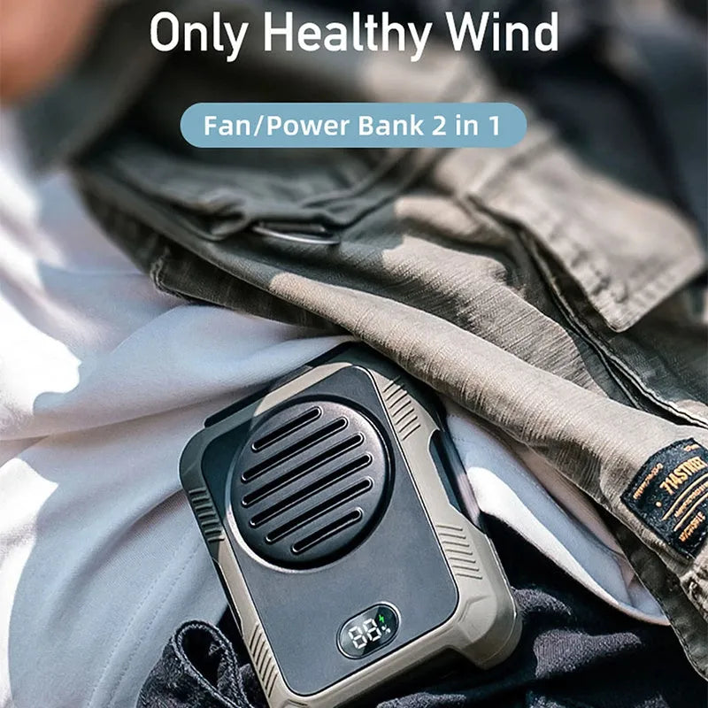 Green portable hanging neck fan for outdoor sports with USB charging cable.