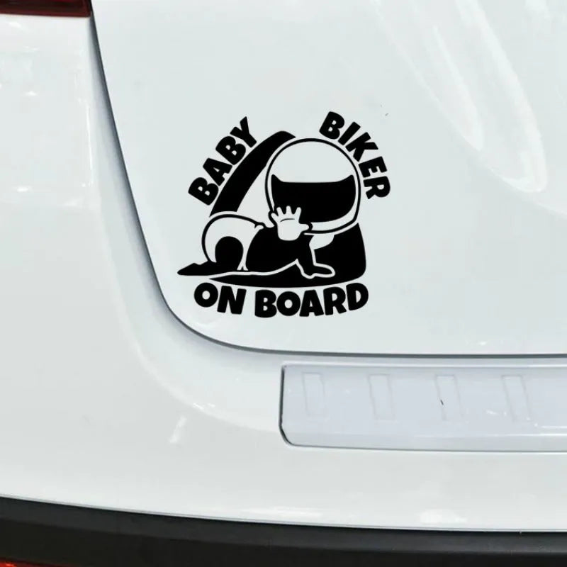 Reflective Baby On Board car sticker in black and white options measuring 14.5 by 15 cm