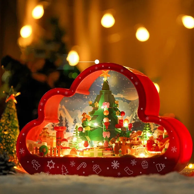 Assembled building block cloud night lamp with LED lights and decorative mirror frame showing fairy tale Christmas tree design