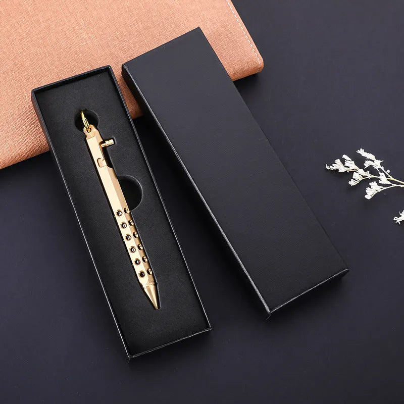 Brass hexagonal roller pen with six-angle barrel showing 0.5mm tip