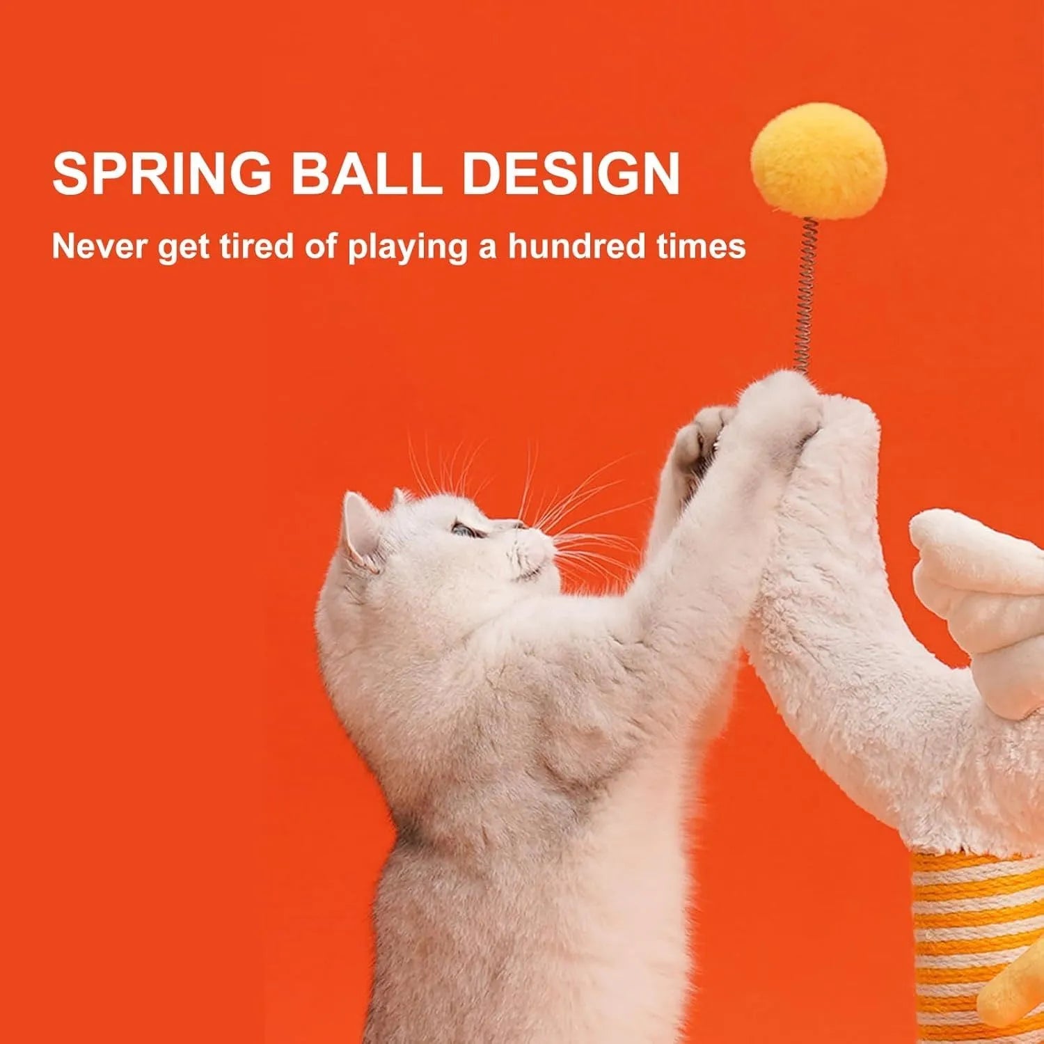 Vertical sisal cat scratching post with chicken strip pattern and spring ball
