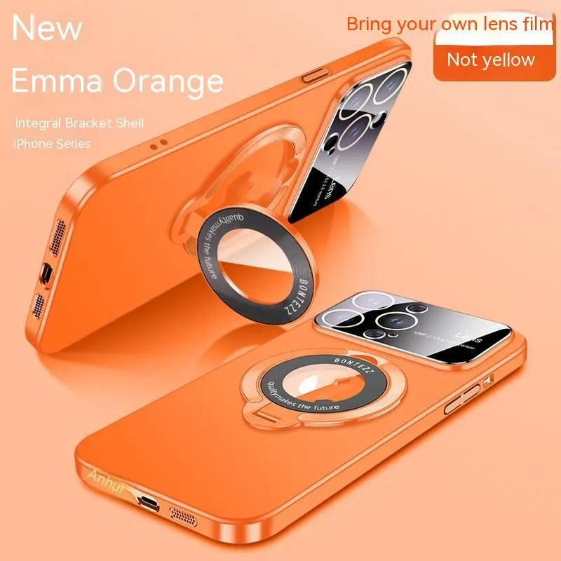 Frosted magnetic bracket phone case for iPhone on a table with bracket extended.