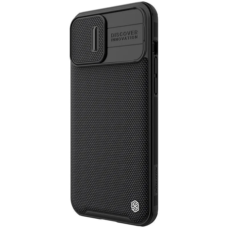 Black textured UniPro series sliding back cover case for Apple iPhone 13 Pro Max on a table.