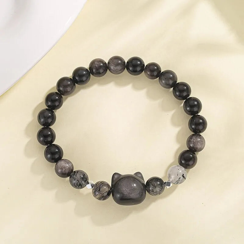 Natural obsidian silver stone cat crystal bracelet with electroplated finish and animal modelling