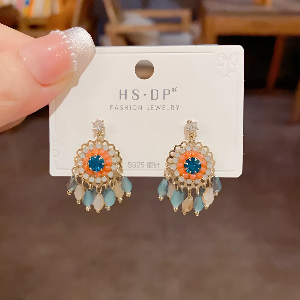 Geometric line design crystal tassel earrings with thick gold plating