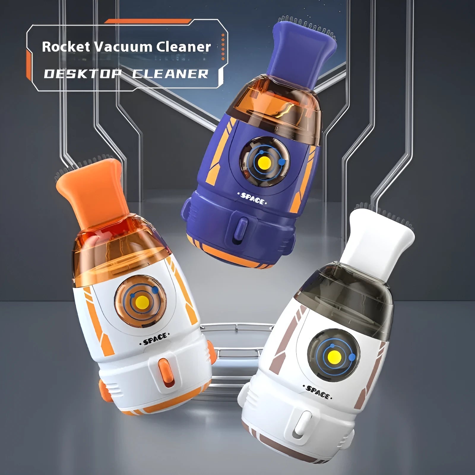 Handheld desktop vacuum cleaner in blue with USB charging cable
