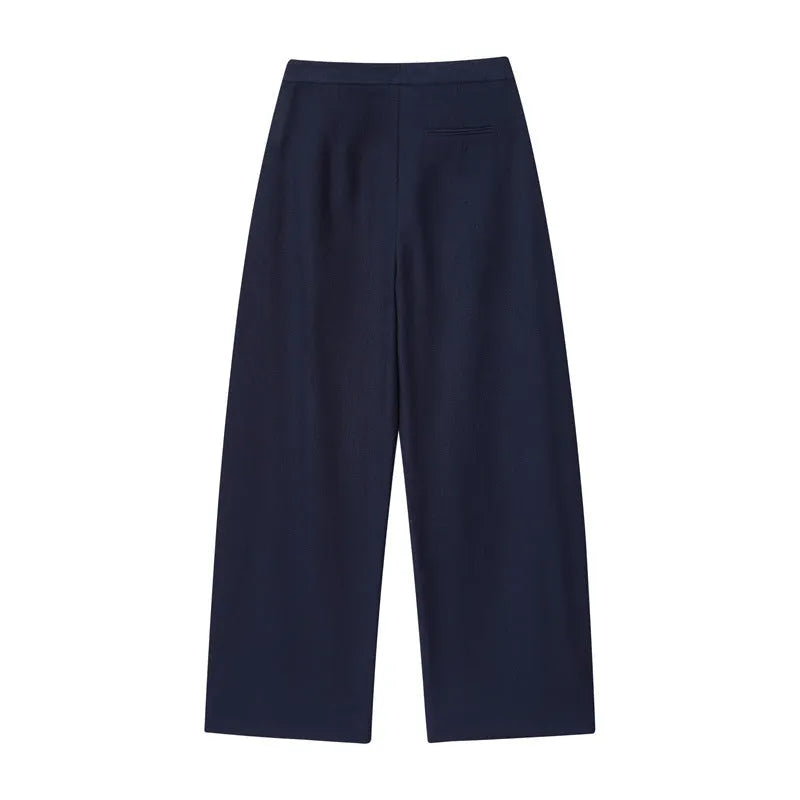 Women's linen-blend co-ord set featuring off-neck blouse with flounced sleeves and wide-leg trousers