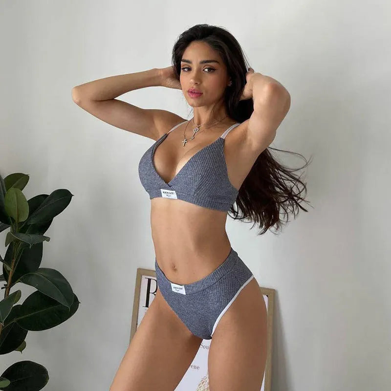 Women's contrast colour embroidered bikini set with sleeveless top and shorts in black, grey or white