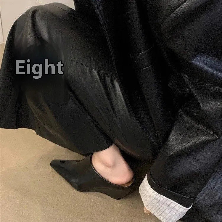 Women's Wind Wedge closed toe half slipper in PU leather, showing wedge heel design.