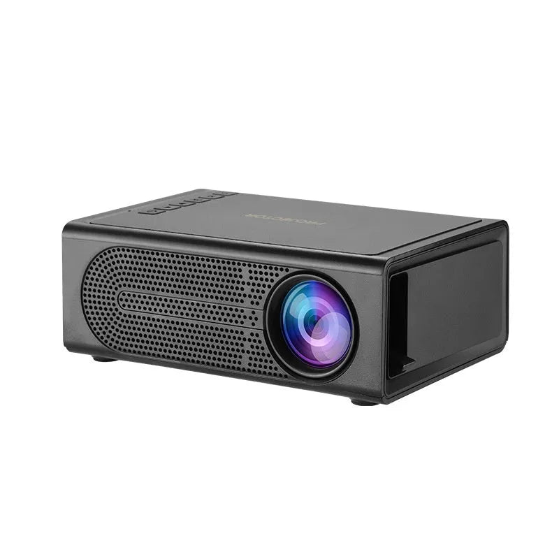 Black or white portable mini projector with wired mobile phone connection showing 320x240 resolution display