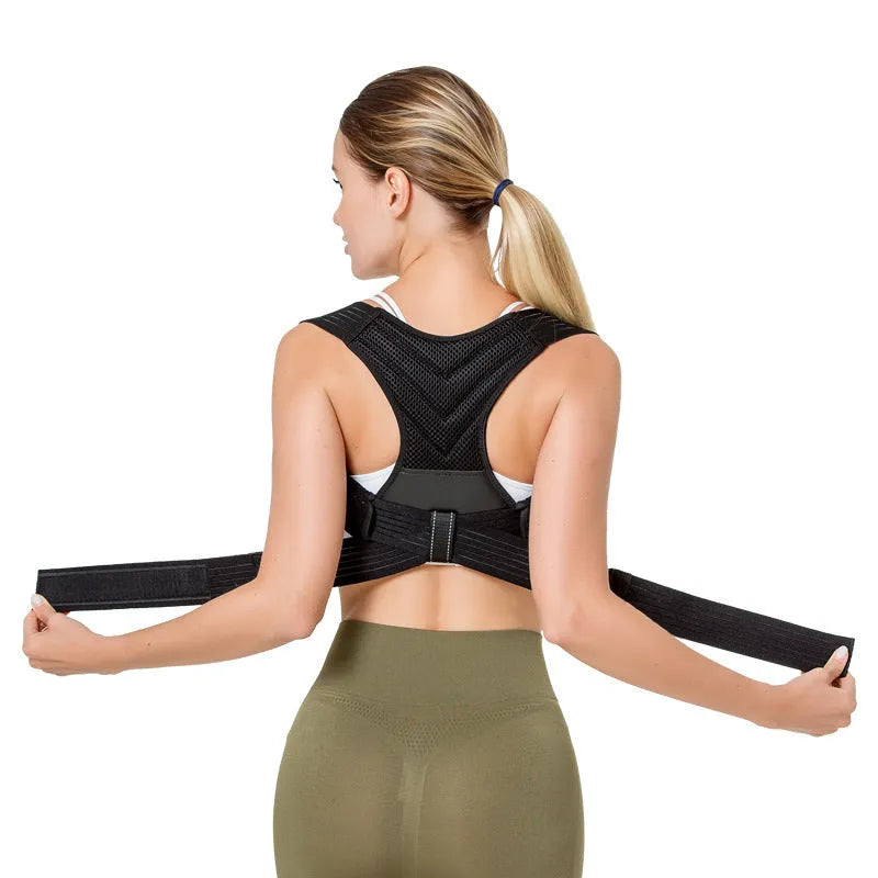 Black anti-humpback posture correction belt worn on torso, showing open shoulder and high chest position.