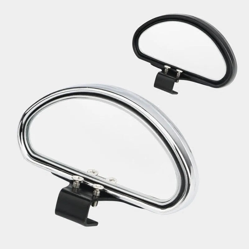 Car rear view auxiliary wide angle convex mirror in black with glass surface and plastic housing for reversing safety