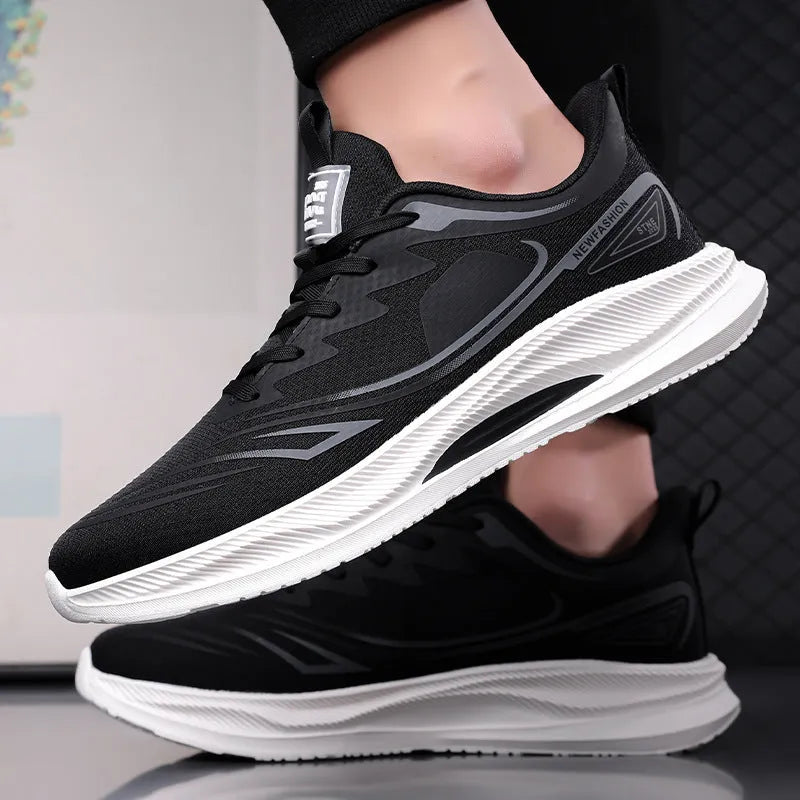 Men's woven mesh casual sneakers in black, black blue, and grey green colours with rubber sole