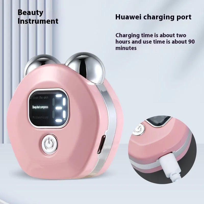 Portable white, light blue, or pink hot compress and micro current facial massage instrument with double rollers.