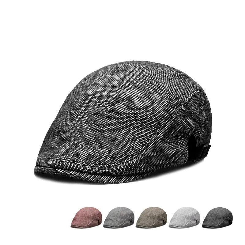 Men's cotton linen blend beret in dome crown style with adjustable fit for 55-58cm head circumference