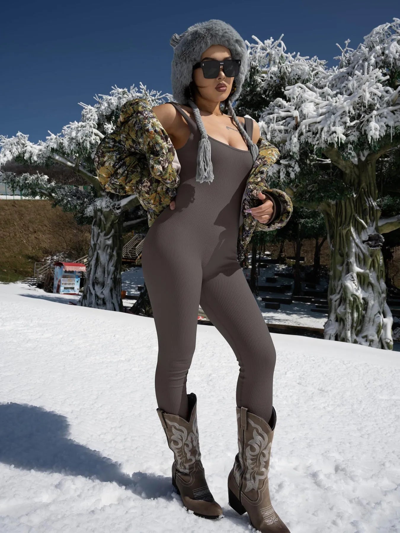 Women's long sleeve suspender tank top tights unitard in spandex, shown in a solid colour.