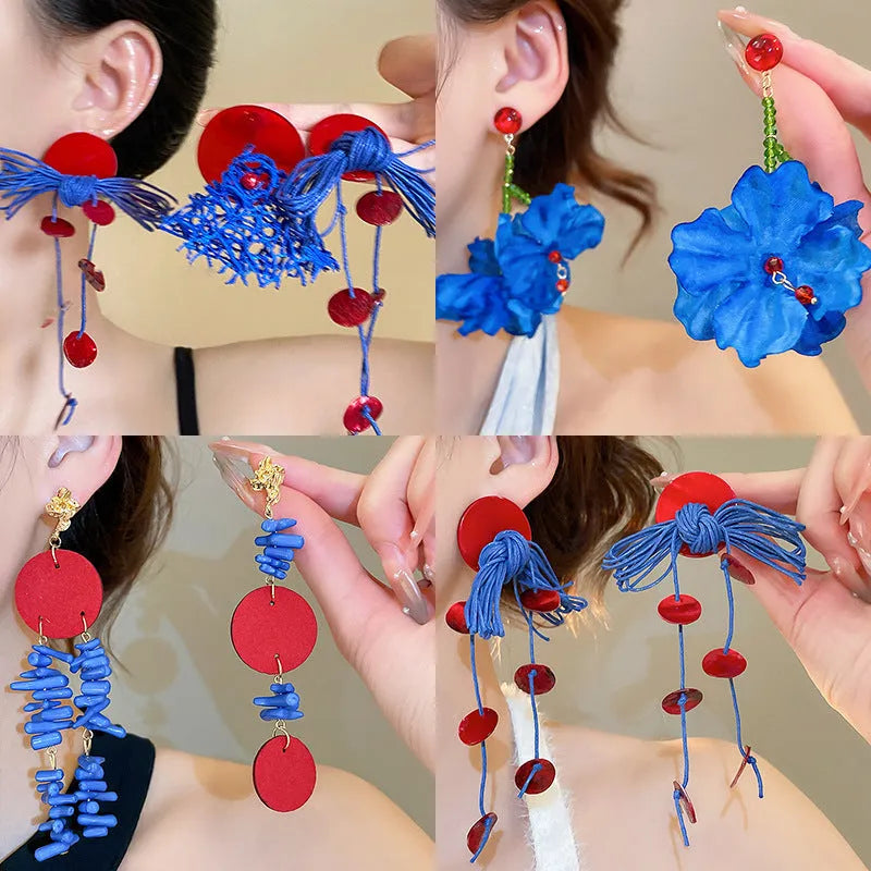 Handmade geometric cloth women's earrings in silver needle-blue resin flower colour.