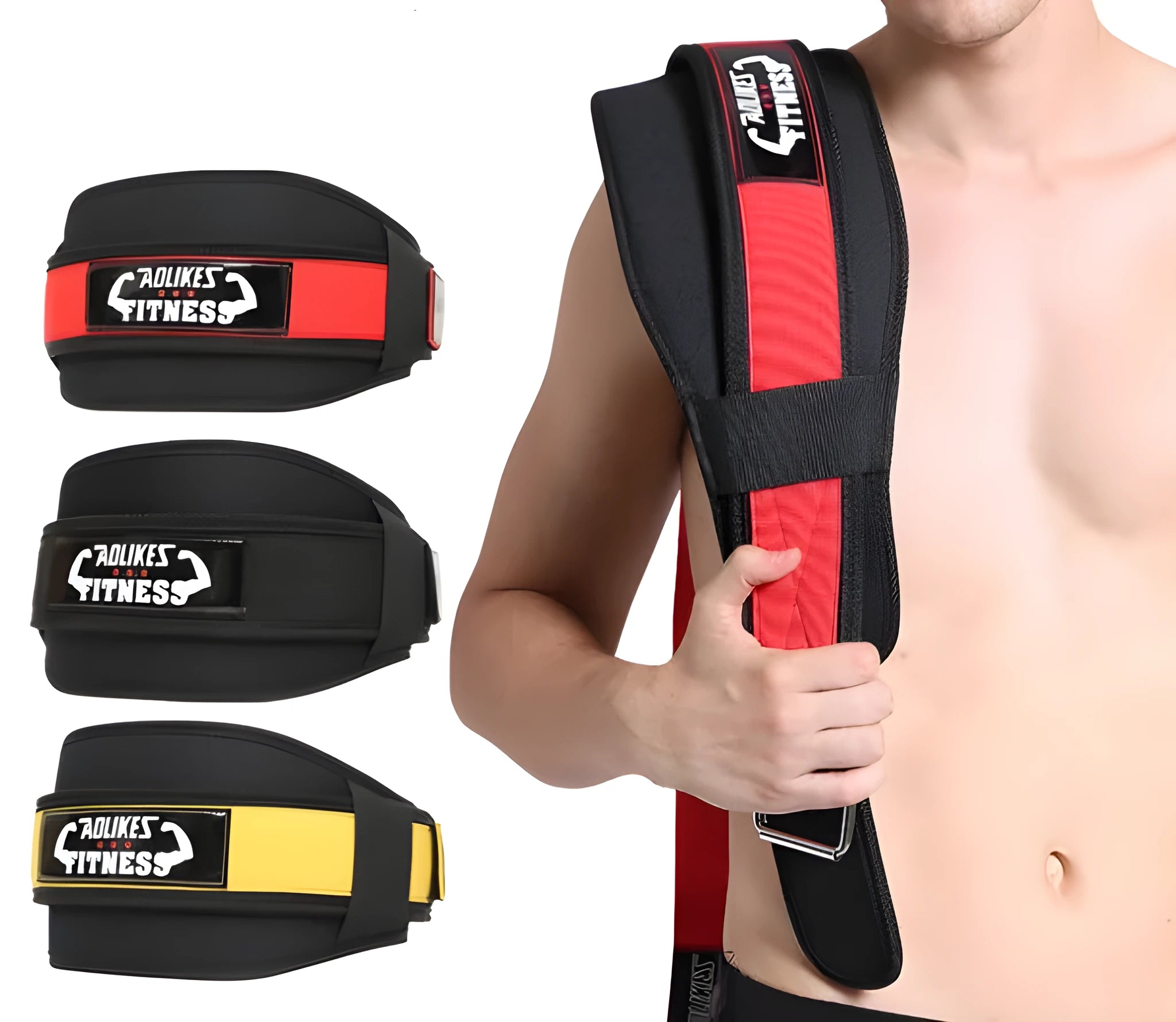 Black nylon fitness weightlifting waistband with adjustable hook and loop closure laid flat.