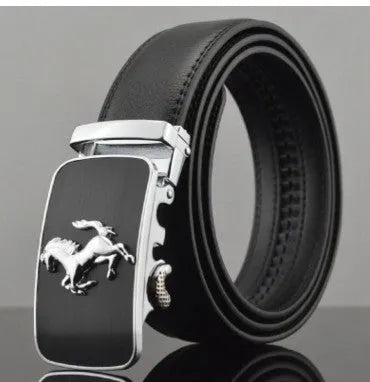 Men's black automatic buckle leather belt with 3.5cm width and adjustable length