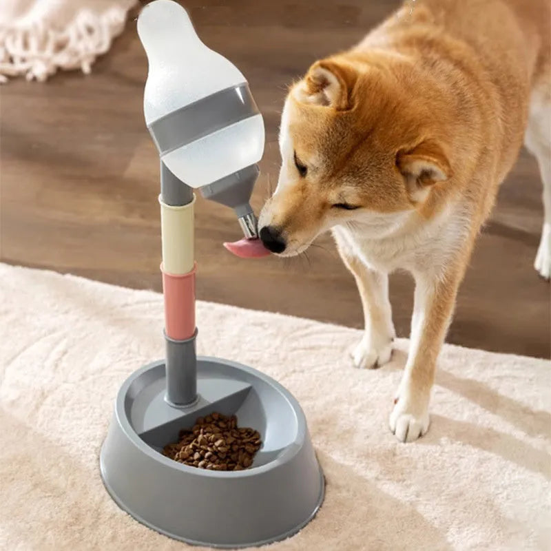 Green adjustable height pet water dispenser bowl with detachable pole and weighted base