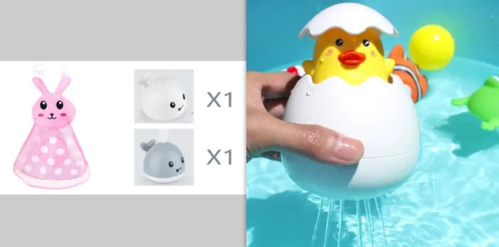 White and blue electric whale bath toy spraying water with flashing lights on a bathroom surface.