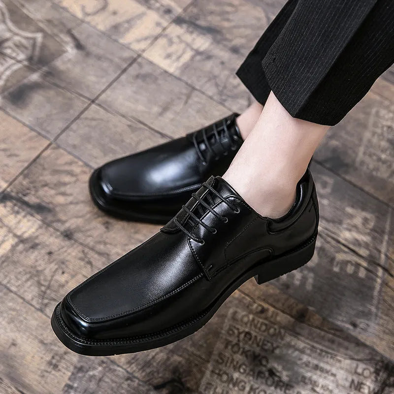 Men's black square toe leather business casual shoes with low-top ankle height