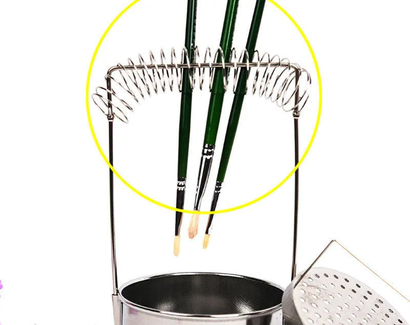 Silver stainless steel oil painting pen washer with spring brush clamp.