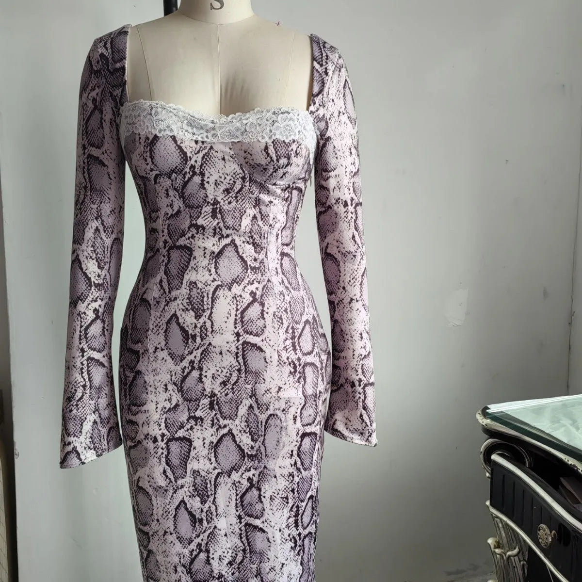 Grey slim fit lace dress with 3D digital pattern and a-line skirt silhouette