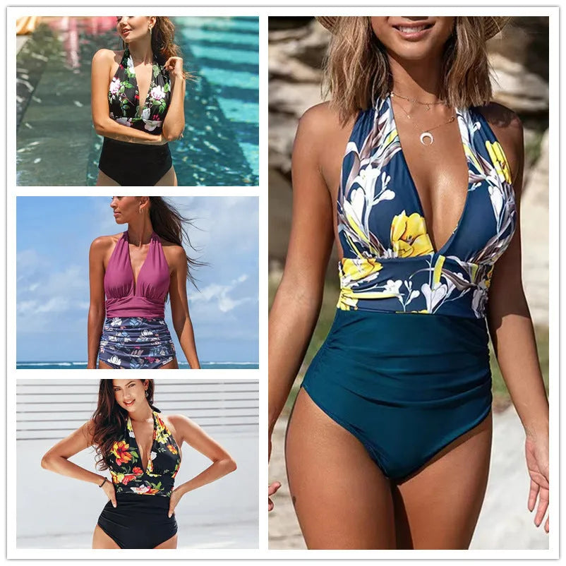 Women's sleeveless one-piece swimsuit in a spandex blend fabric, shown in multiple colour options.