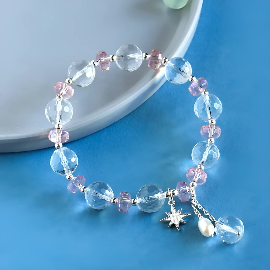 White crystal women's bracelet with lucky cat charm and adjustable electroplated design