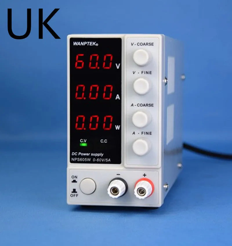 White adjustable DC power supply showing 0-60V 0-5A output controls for mobile phone and notebook repair