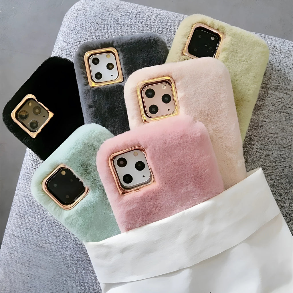 Rabbit plush phone case for iPhone with soft silicone shell and raised camera circle