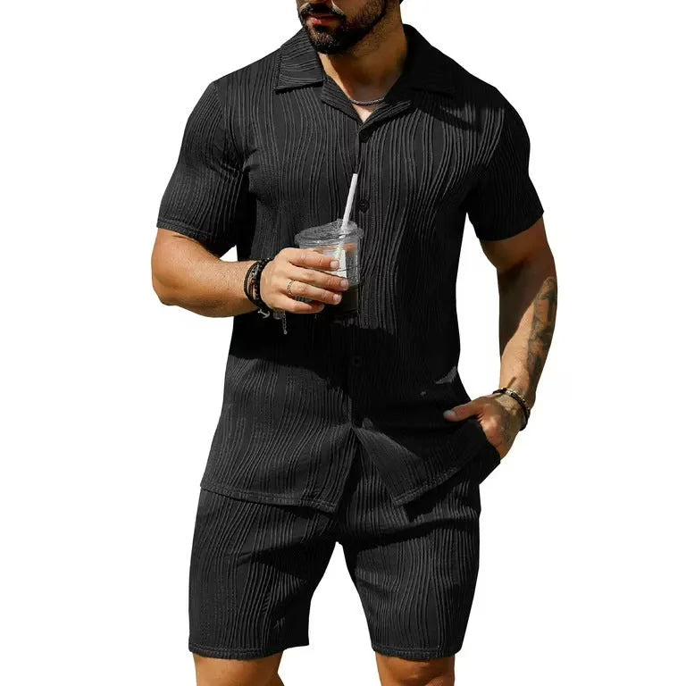 Men's black short sleeve shirt and shorts suit with wave pattern design for summer casual wear