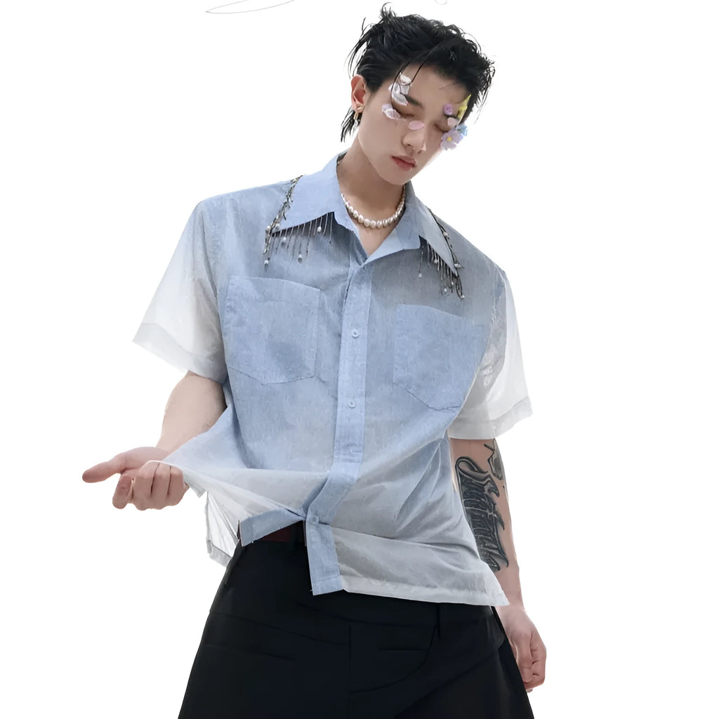 Man's blue and white gradient short-sleeve casual shirt on a hanger