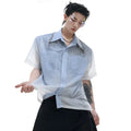 Man's blue and white gradient short-sleeve casual shirt on a hanger
