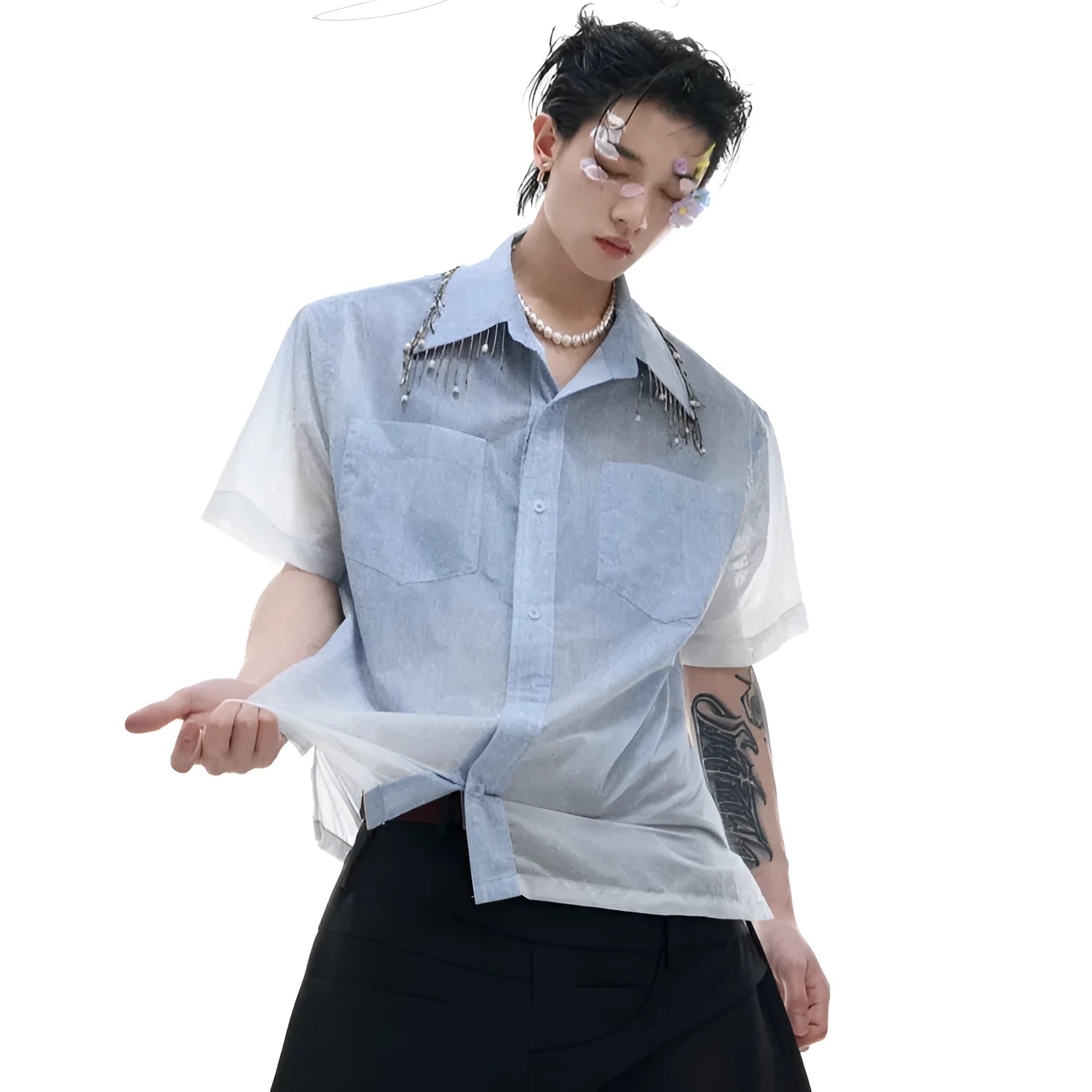Man's blue and white gradient short-sleeve casual shirt on a hanger