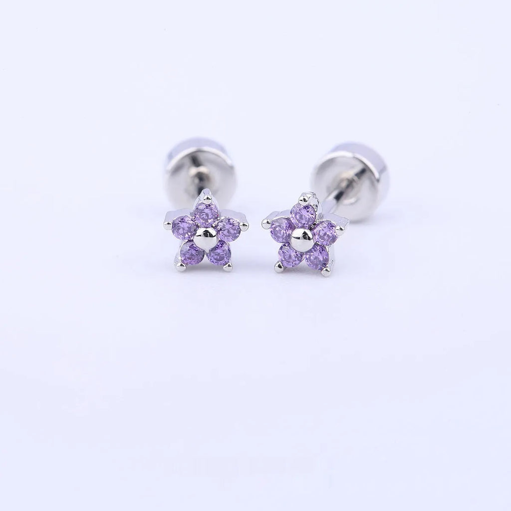 Titanium steel copper-plated gold micro inlaid zirconium five-petal plum flower ear studs in blue colour