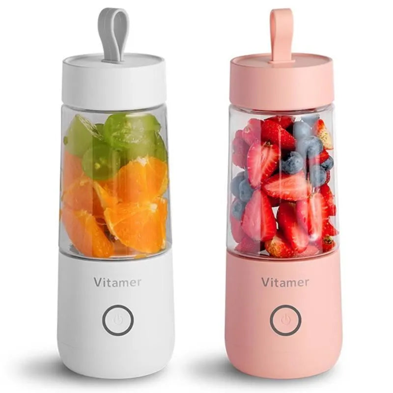 White portable USB rechargeable blender juicer with 350ml Tritan cup and silicone carry handle