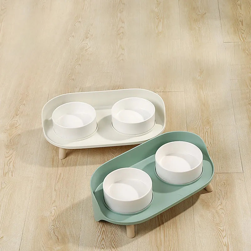 Green tilted pet feeding bowl with double compartments for food and water
