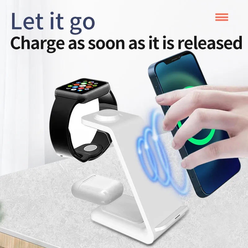 Black 3-in-1 upright wireless charging stand holding a mobile phone vertically on a desk.