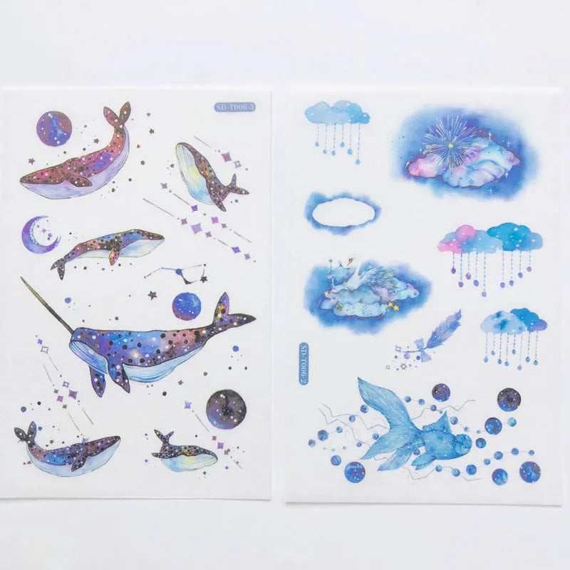 Japanese paper sticker sheet set with fantasy stars pattern, size 10.5 by 14.1 cm
