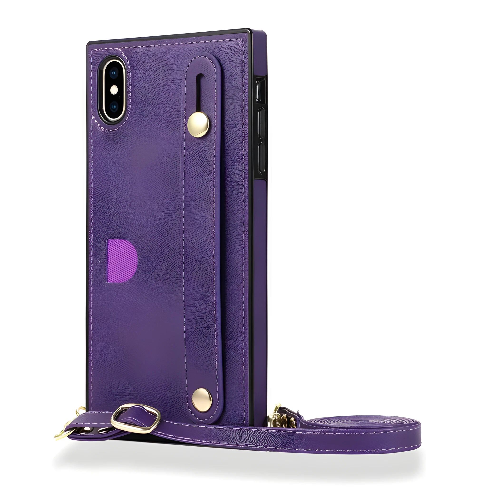 Black leather iPhone case with an attached wristband holster and anti-scratch back cover.