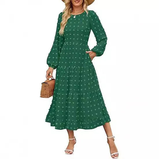 Women's long sleeve high waist dress with ruffled sleeves in a solid colour.