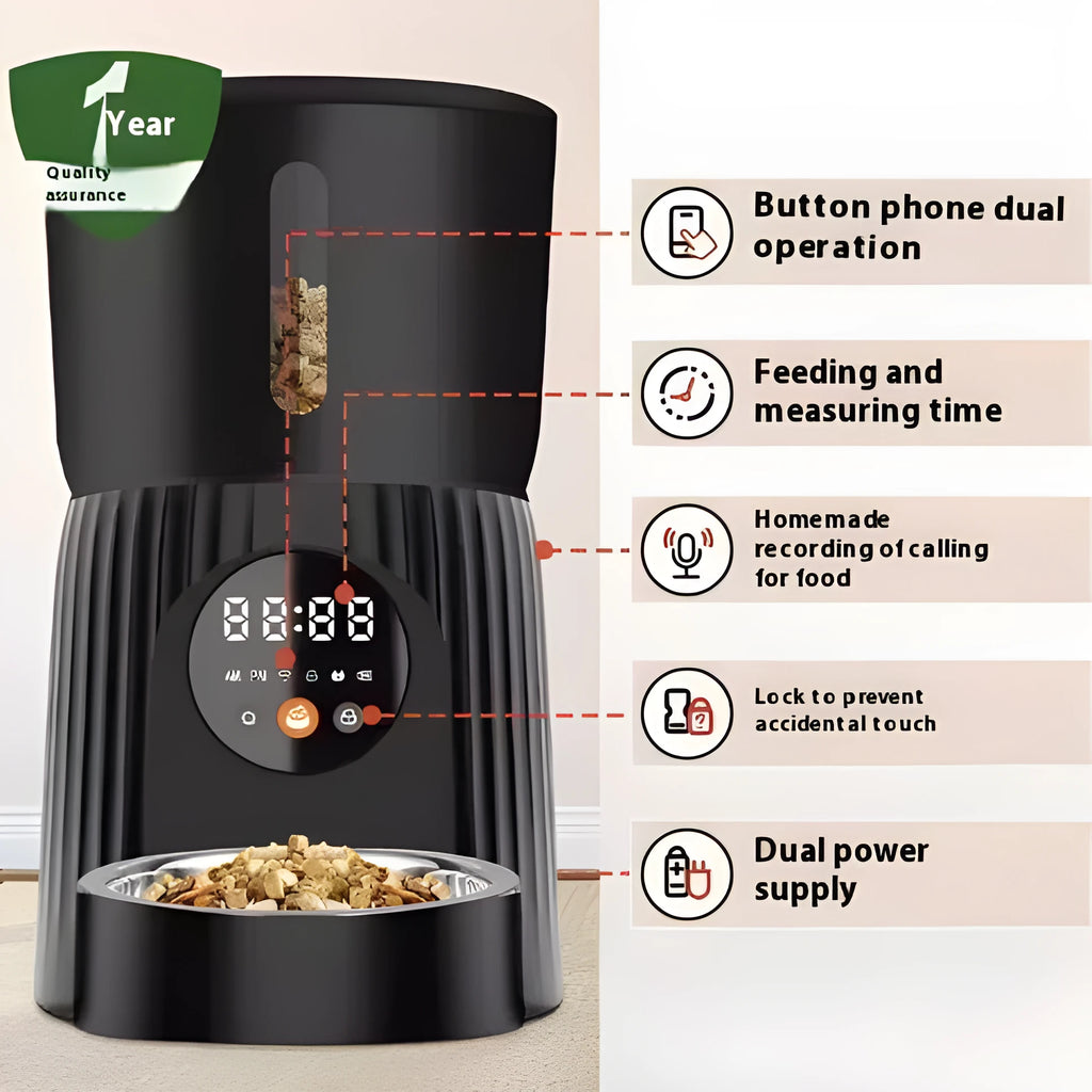 Black and white automatic pet feeder with smartphone app showing feeding schedule
