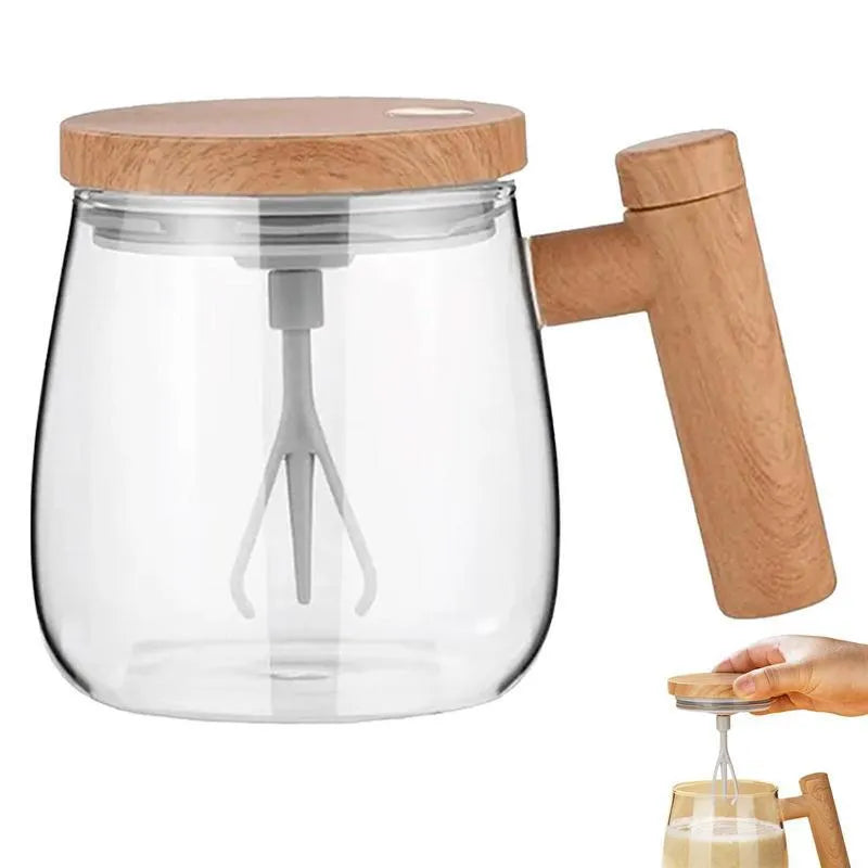 Clear borosilicate glass self-stirring coffee mug with electric mixing button and 400ml capacity
