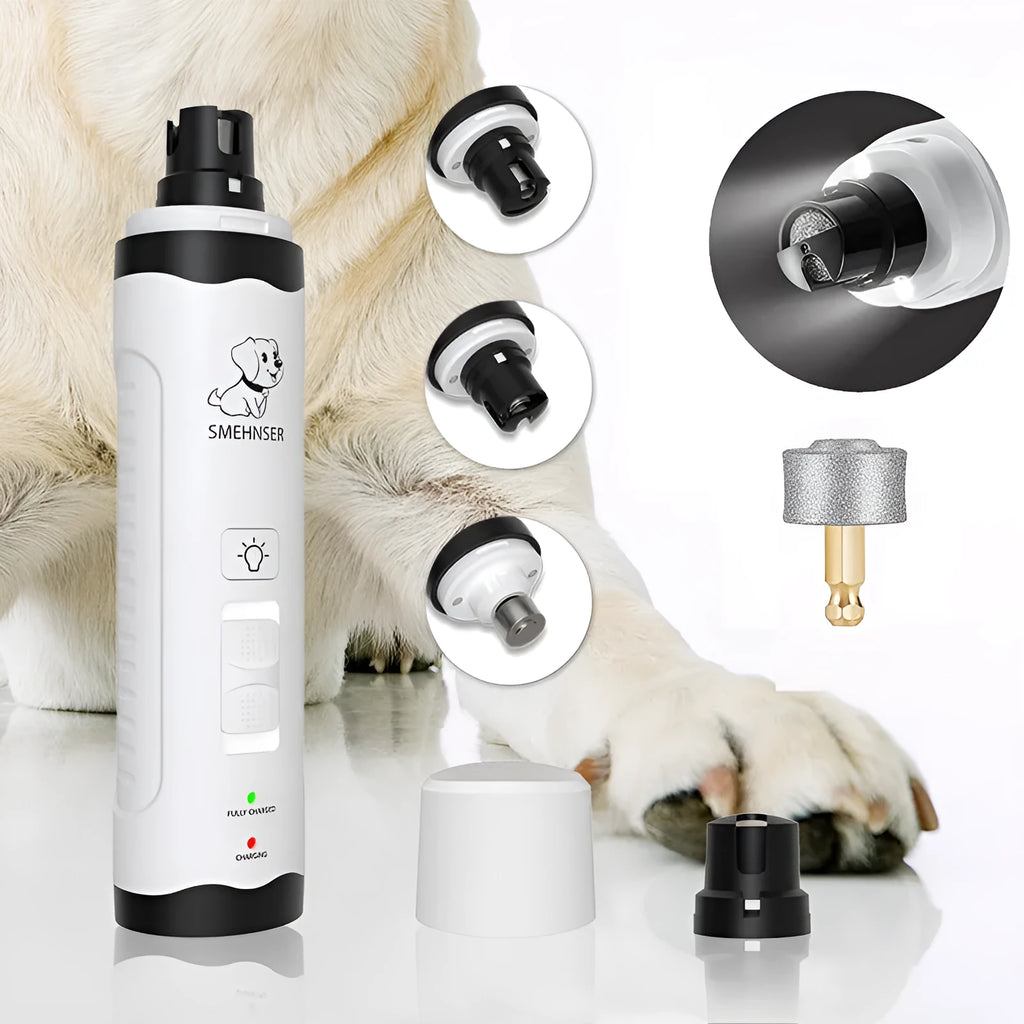 Automatic electric nail trimmer for dogs with LCD display and dust collection port.