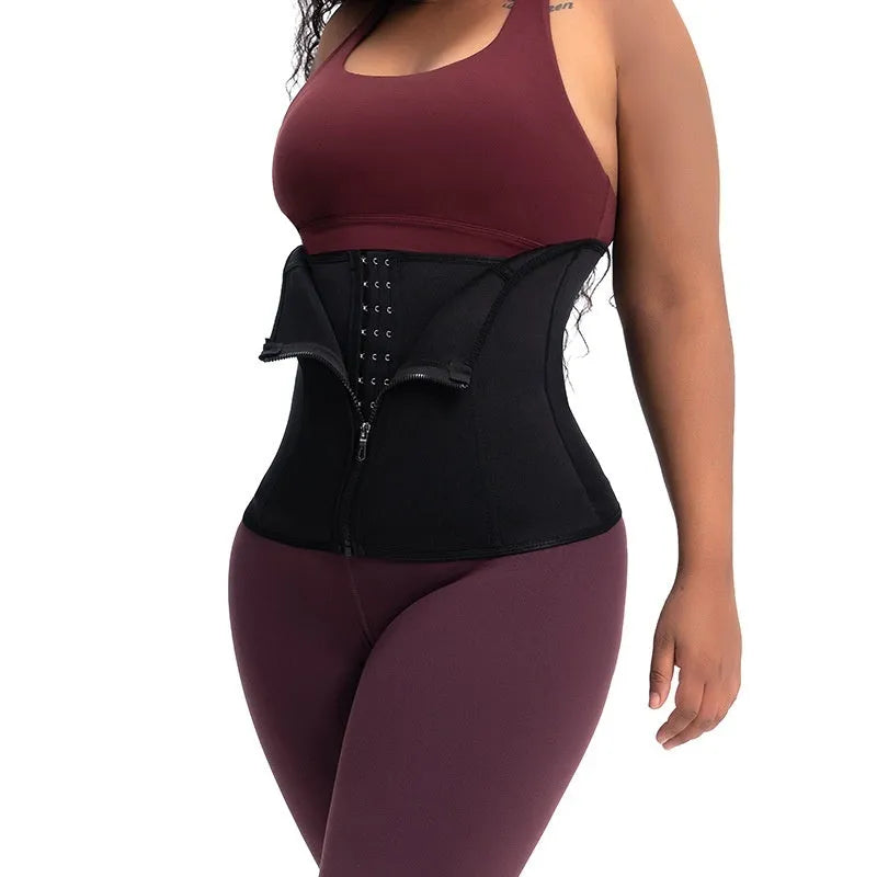 Neoprene belly band corset in black, shown flat, with hook-and-loop closure.