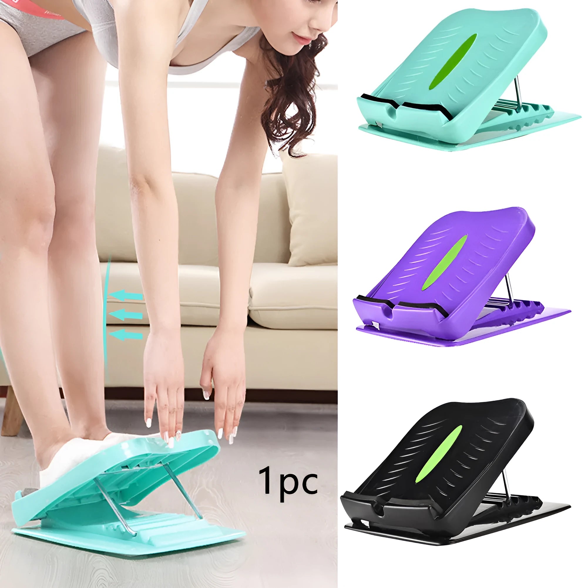 Portable black ABS calf stretching board with four adjustable incline positions on a textured surface